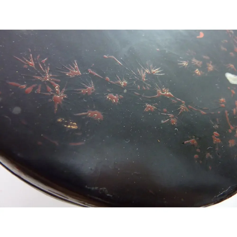 Antique Japanese Black Lacquer Round Box Wabi Sabi Egret Deer Storage Case 7
